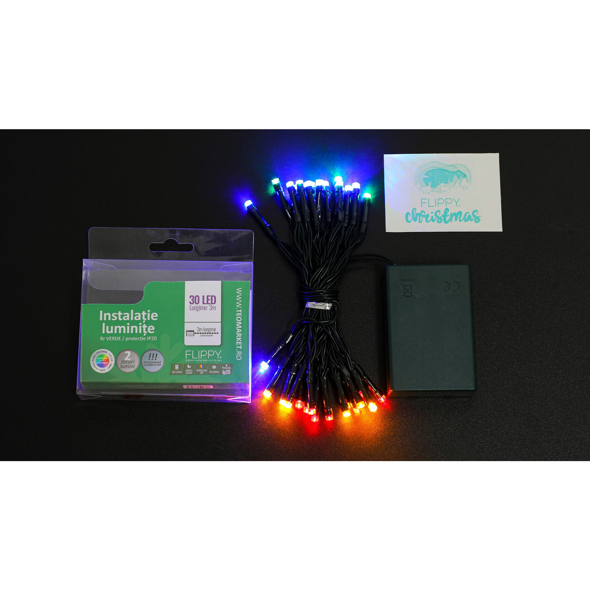 Instalatie de Craciun cu Baterii, Tip Liniar, 30 LED-uri, 2 Jocuri de Lumini cu Functie Flash, Fir Verde din Cupru, Interior, IP20, 3 m, Multicolor