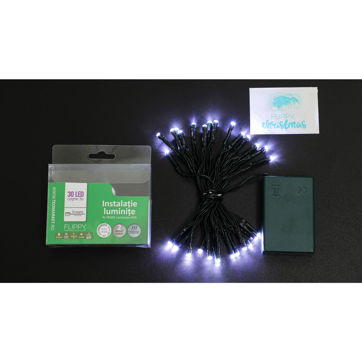 Instalatie de Craciun Tip Liniar cu Baterii, 2 Functii de Iluminare, Fir Verde, 3 m, 30 LED-uri, Alb Rece
