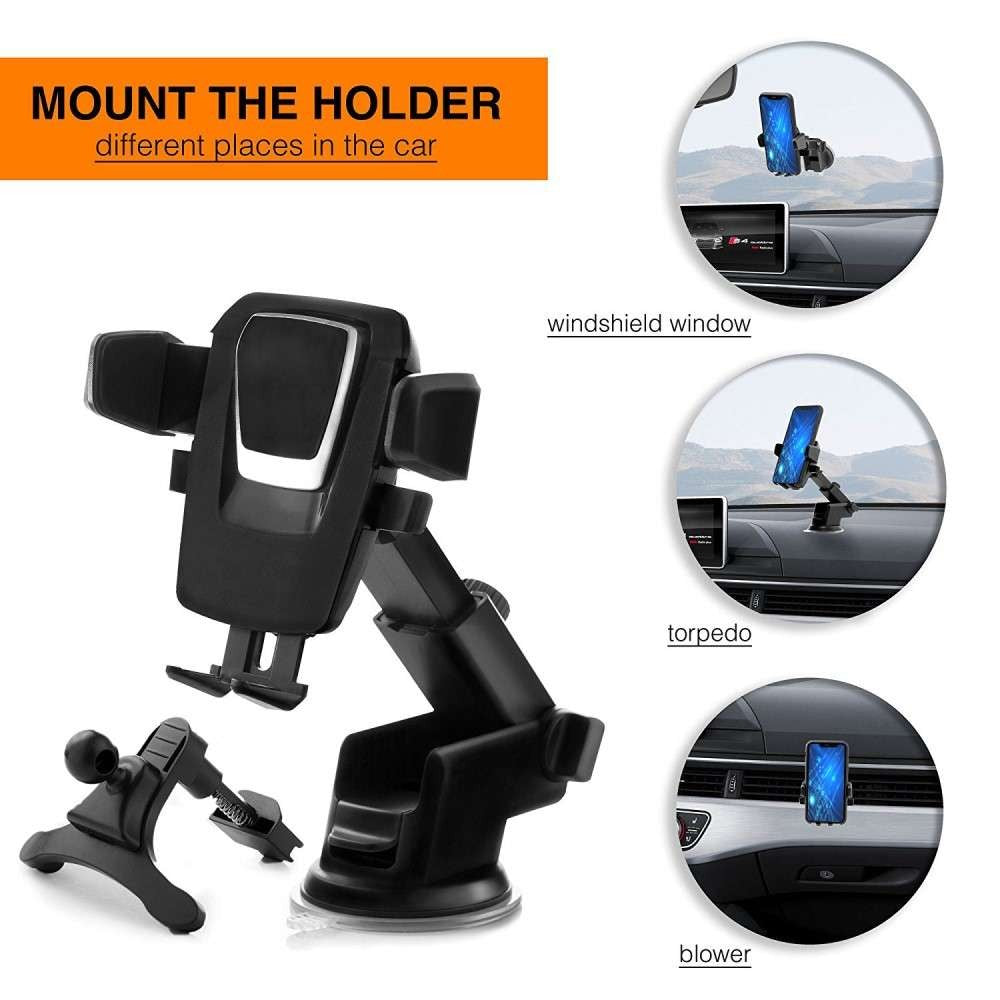 Suport Auto Universal Pentru Telefon, Rotire 360 Grade, Montare Pe Parbriz Si Bord, Sistem Blocare Rapida, Plastic ABS, Negru