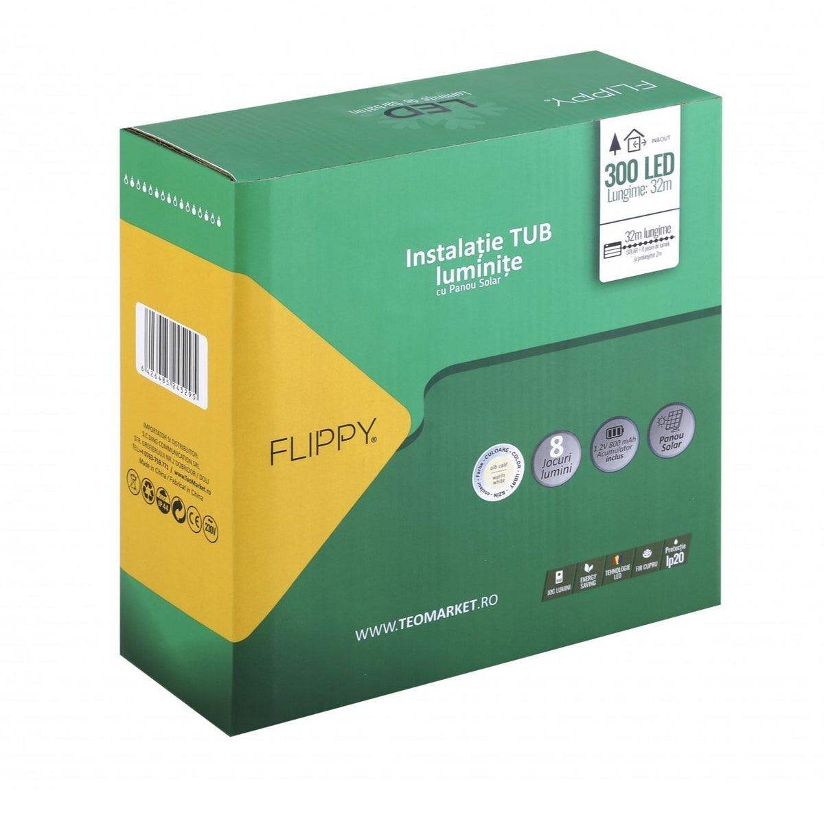 Instalatie Luminoasa de Craciun Tip Furtun, Incarcare Solara, 300 LED-uri, 8 Programe de Iluminare, Fir Cupru, Lungime 32 m, Cablu Prelungitor 2 m, Alb Cald