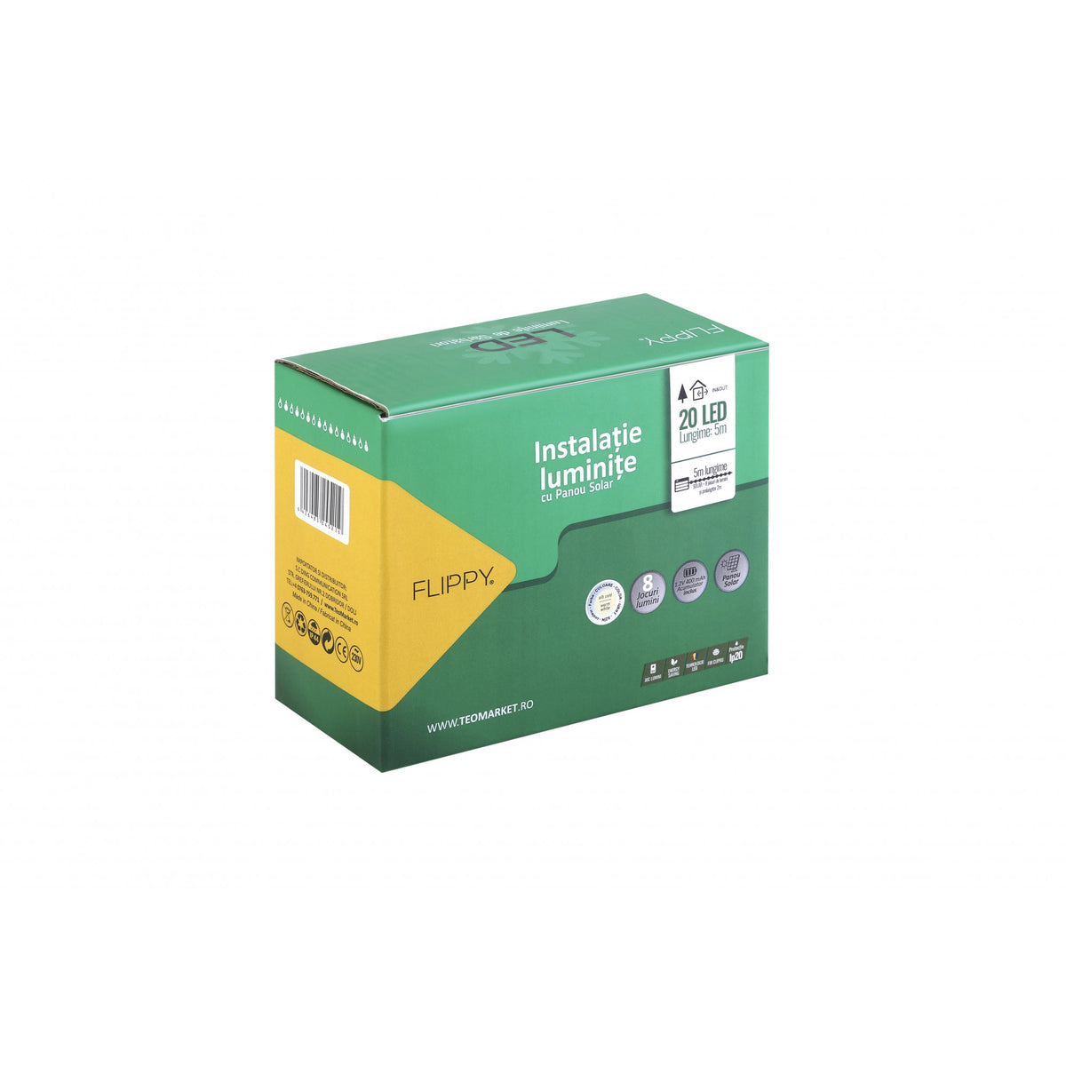 Instalatie Craciun Solara cu 20 LED-uri, Ornamente Tip Bulb, 8 Moduri de Iluminare, Senzor de Lumina, Rezistenta la Apa, Interior si Exterior, 5 m, Alb Cald