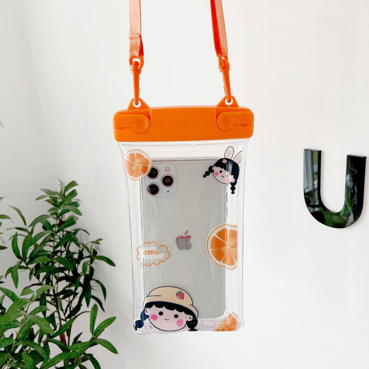 Fruity Husa Subacvatica Universala Impermeabila, Protectie IPX8 Pana la 20m, Compatibila cu Telefoane Pana la 6.9 Inch, Ecran Tactil Functional, PVC Transparent cu Snur, Orange Girl 2, Portocaliu