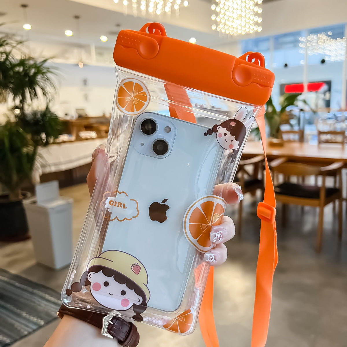 Fruity Husa Subacvatica Universala Impermeabila, Protectie IPX8 Pana la 20m, Compatibila cu Telefoane Pana la 6.9 Inch, Ecran Tactil Functional, PVC Transparent cu Snur, Orange Girl 2, Portocaliu