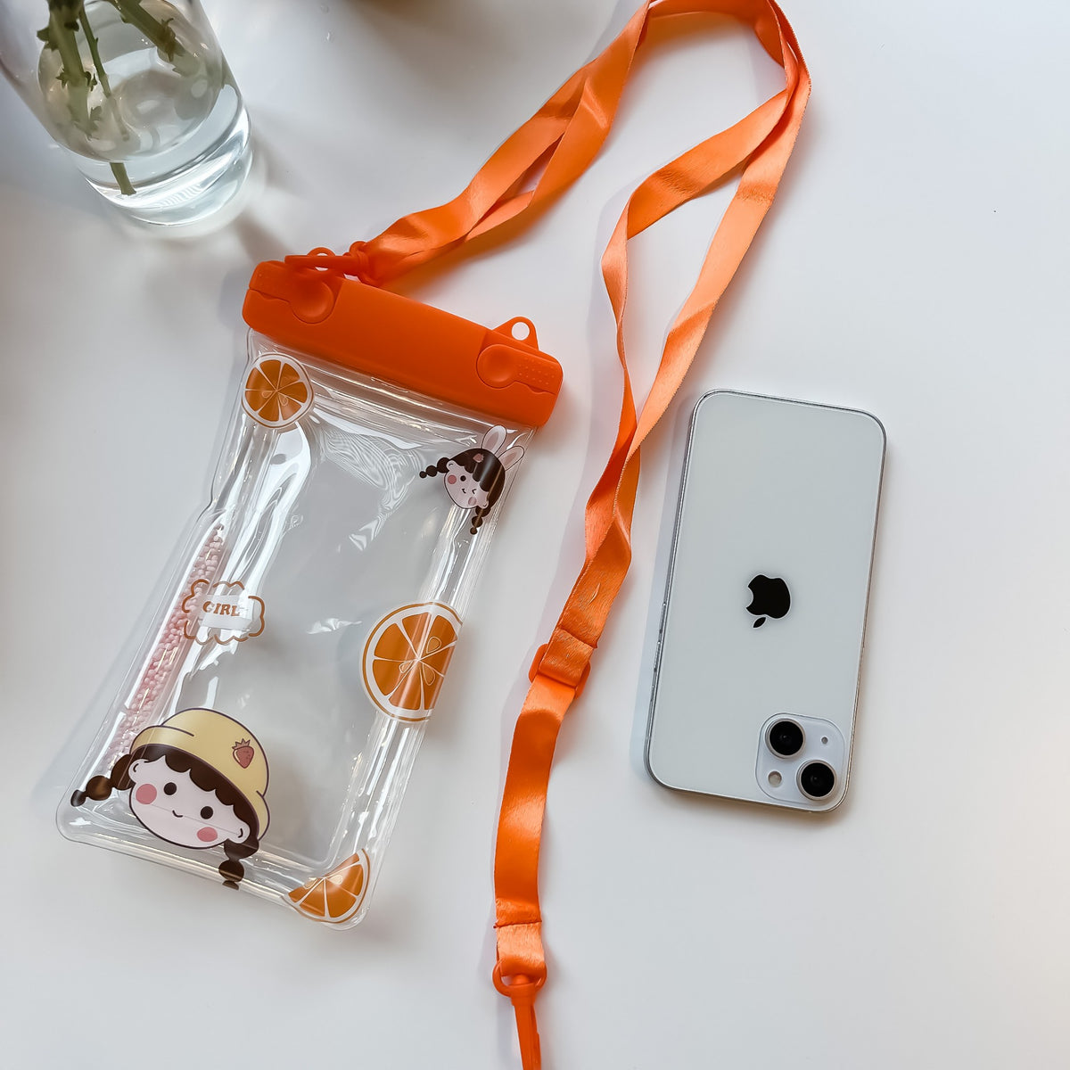 Fruity Husa Subacvatica Universala Impermeabila, Protectie IPX8 Pana la 20m, Compatibila cu Telefoane Pana la 6.9 Inch, Ecran Tactil Functional, PVC Transparent cu Snur, Orange Girl 2, Portocaliu
