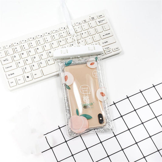 Husa Subacvatica Universala Glitter Kids, Protectie IPX8 Impermeabila si Anti-Praf, Compatibila Touchscreen, PVC Transparent cu Snur, pana la 6.9 Inch, Peach/Alb