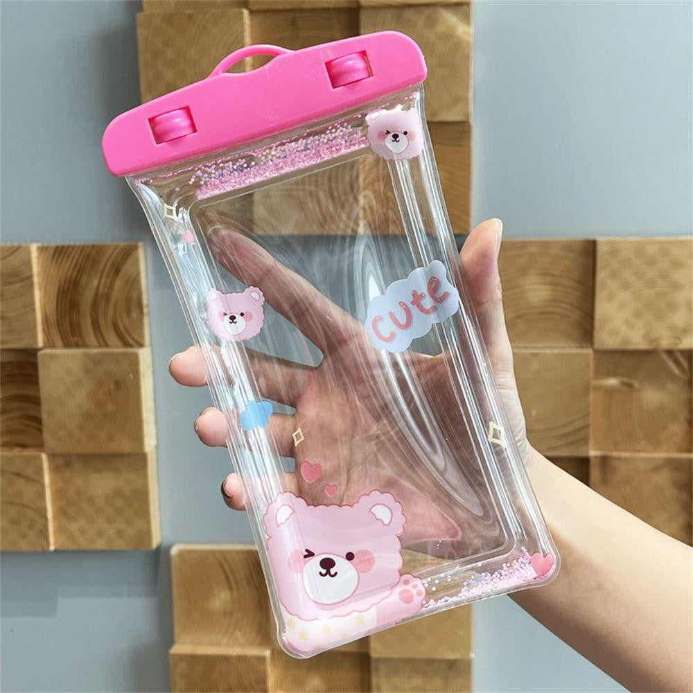 Husa Subacvatica Universala Glitter Kids, Protectie Impermeabila IPX8, Transparenta cu Snur pentru Telefon pana la 6.9 inch si Documente, Model Cute Bear, Roz