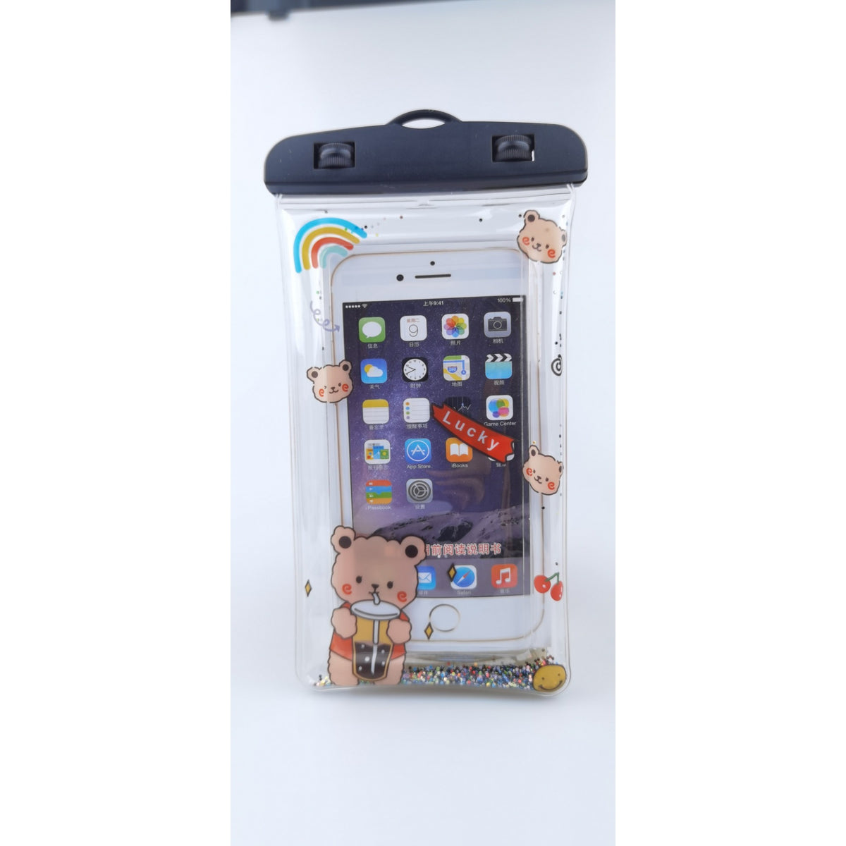 Husa Subacvatica Universala Lucky Bear, Protectie Waterproof IPX8 si Snowproof, Design cu Sclipici Glitter, Compatibila Touchscreen, Include Snur, Pentru Telefoane pana la 6.9 inch, Negru