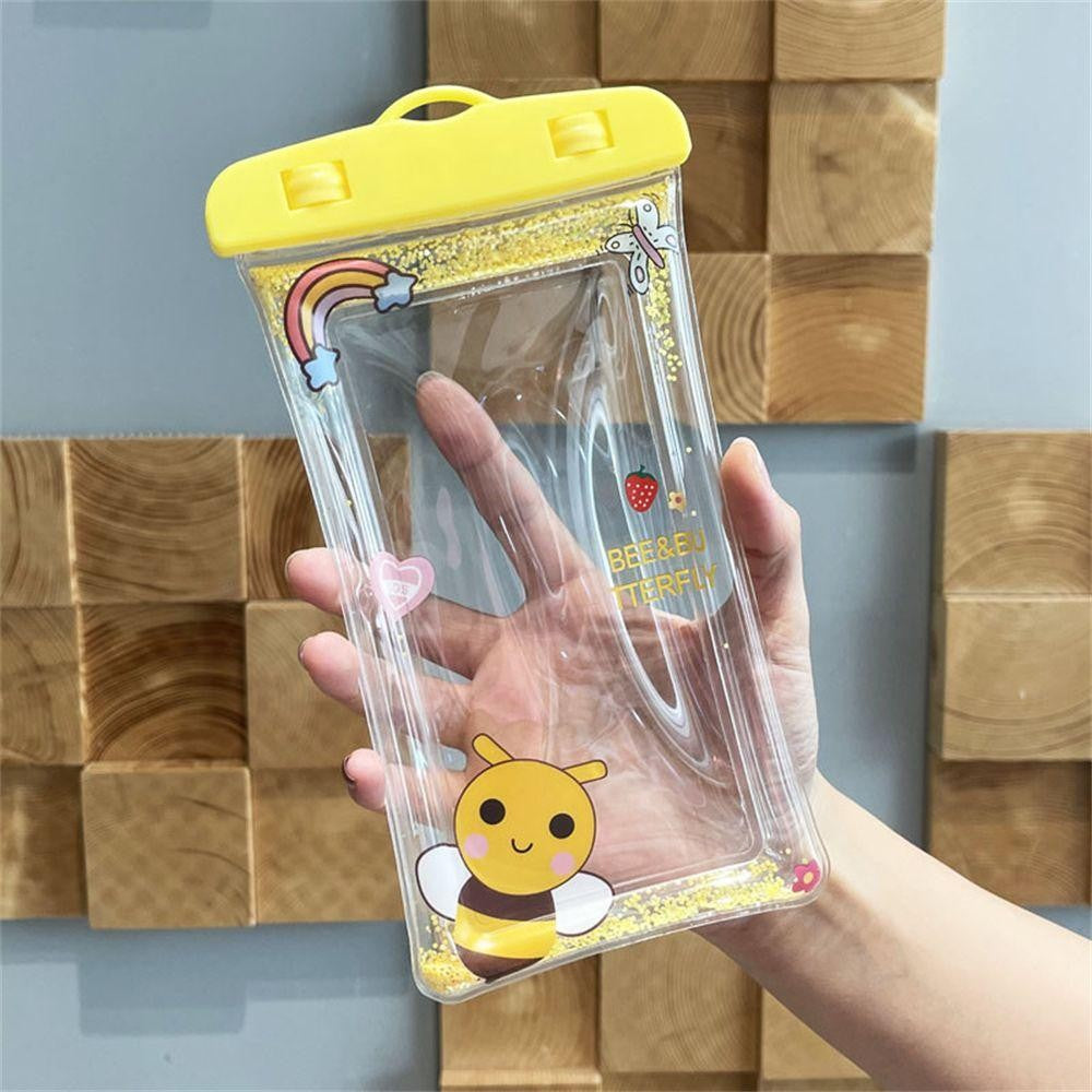 Husa Subacvatica Universala, Protectie Impermeabila IPX8 pentru Telefon si Documente, Compatibila Touchscreen, Design Glitter cu Snur, Plastic Transparent, Pana la 6.9 Inch, Model Bee, Galben