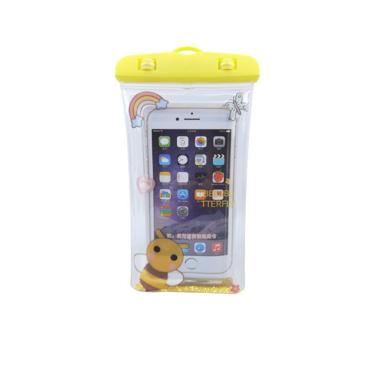 Husa Subacvatica Universala, Protectie Impermeabila IPX8 pentru Telefon si Documente, Compatibila Touchscreen, Design Glitter cu Snur, Plastic Transparent, Pana la 6.9 Inch, Model Bee, Galben