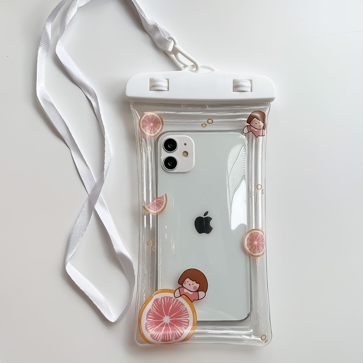 Husa Subacvatica Universala, Protectie Waterproof IPX8 si Snowproof, Transparenta cu Functie Touchscreen, Ecran maxim 6.9 inch, Snur Inclus, Model Grapefruit Girl, Alb