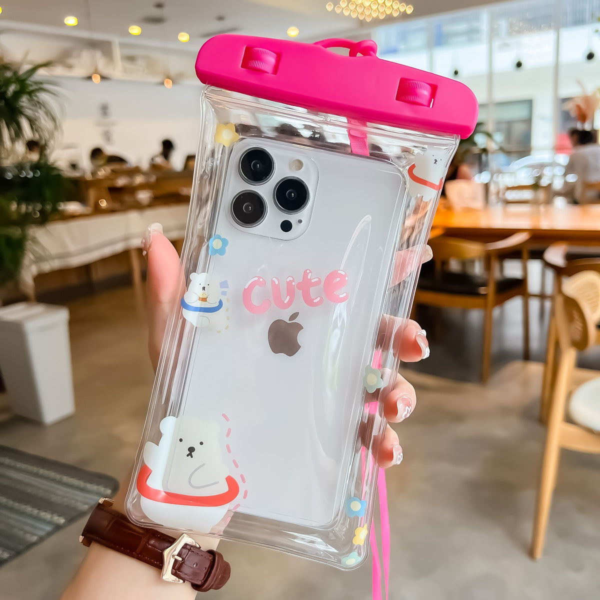 Husa Subacvatica Universala Kids Waterproof, Protectie IPX8, Transparenta cu Touch Screen, PVC Flexibil, Model Bears, Roz