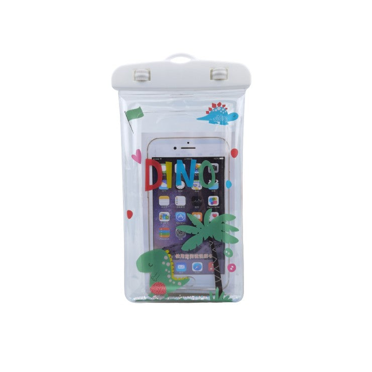 Husa Subacvatica Glitter Kids, Protectie IPX8 Impermeabila si Anti-Praf, Ecran Pana la 6.9 Inch, PVC Transparent cu Snur de Gat, Model Dino, Alb