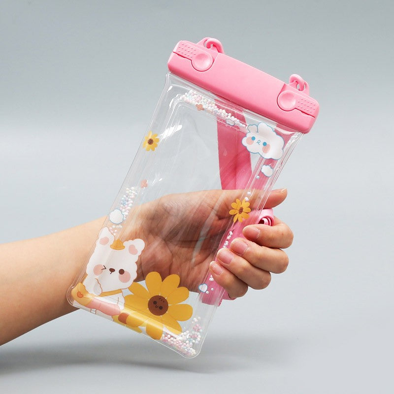 Fruity Husa Subacvatica Universala, Protectie Impermeabila IPX8, Transparenta cu Functie Touchscreen si Snur inclus, Plastic PVC, Pana la 6.9 Inch, Flower Bear Roz