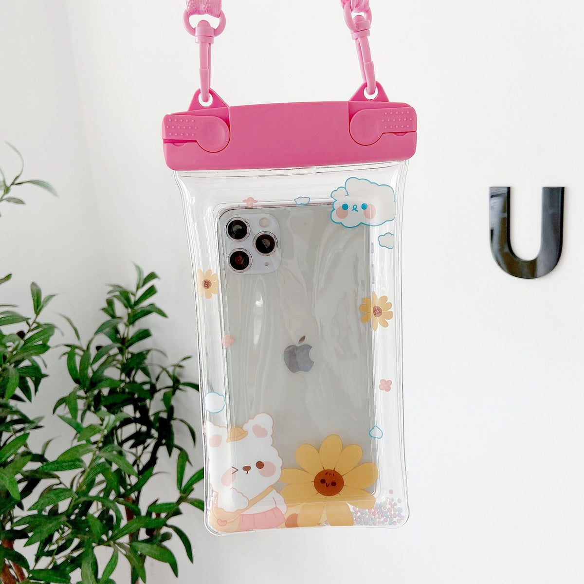 Fruity Husa Subacvatica Universala, Protectie Impermeabila IPX8, Transparenta cu Functie Touchscreen si Snur inclus, Plastic PVC, Pana la 6.9 Inch, Flower Bear Roz