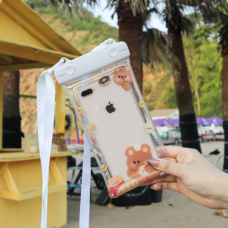 Fruity Husa Subacvatica Universala, Impermeabila IPX8 cu Snur, Protectie Telefon si Documente pana la 6.9 inch, PVC Transparent, Model Pan Bear, Alb-Transparent