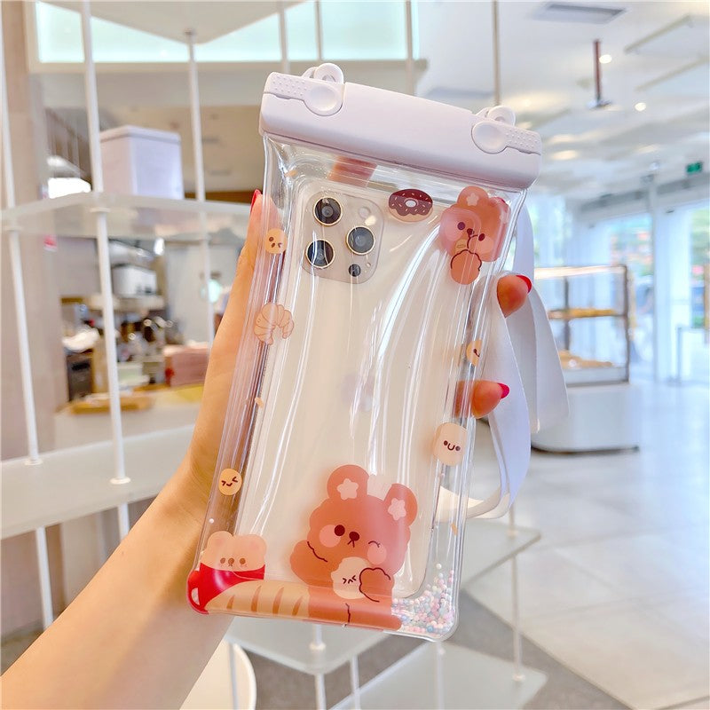 Fruity Husa Subacvatica Universala, Impermeabila IPX8 cu Snur, Protectie Telefon si Documente pana la 6.9 inch, PVC Transparent, Model Pan Bear, Alb-Transparent