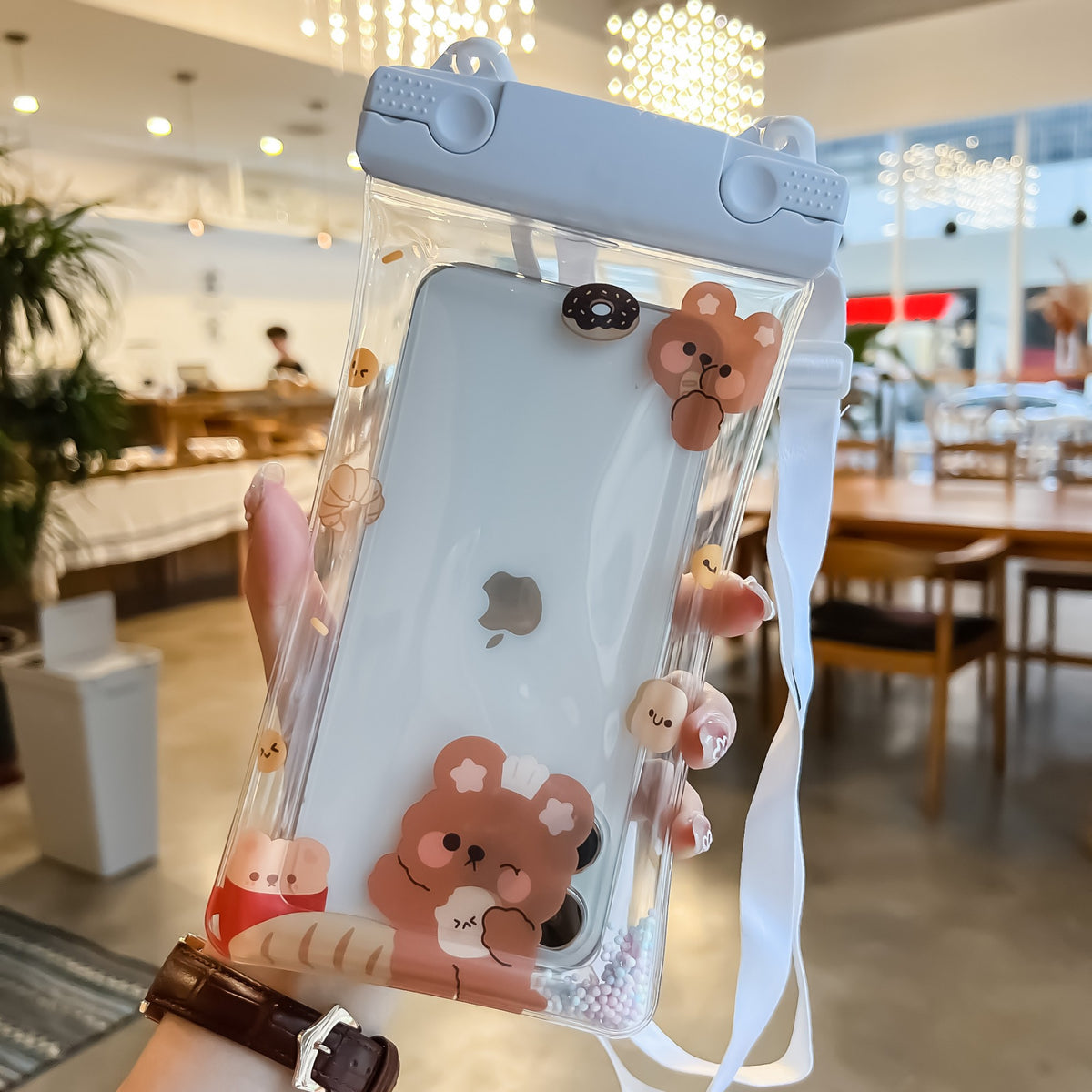 Fruity Husa Subacvatica Universala, Impermeabila IPX8 cu Snur, Protectie Telefon si Documente pana la 6.9 inch, PVC Transparent, Model Pan Bear, Alb-Transparent