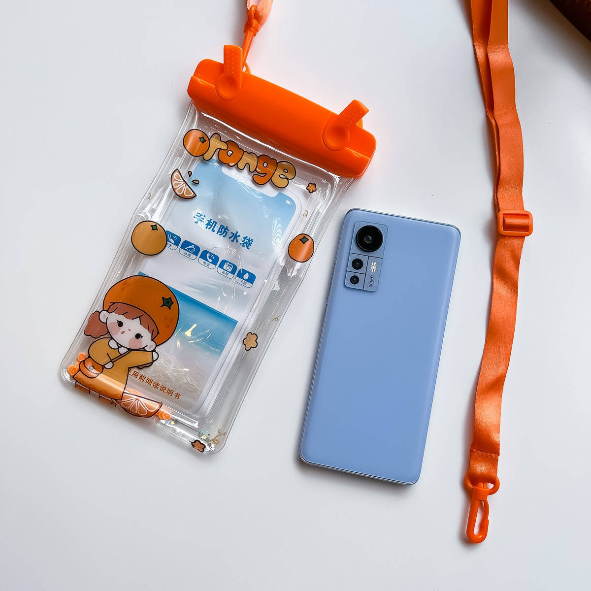 Husa Subacvatica Waterproof, Protectie IPX8 Impermeabila Telefon si Documente, Compatibilitate Universala pana la 6.9 inch, Transparenta cu Snur, Orange Girl, Portocaliu