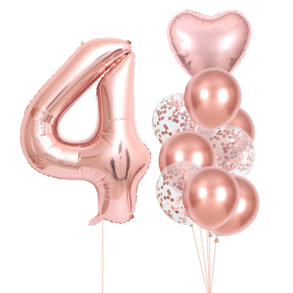 Set 10 Baloane Aniversare, Cifra 4 si Figurina Inima, Folie si Latex, Umflare Aer sau Heliu, Pai Inclus, Roz Pal, 10 Bucati