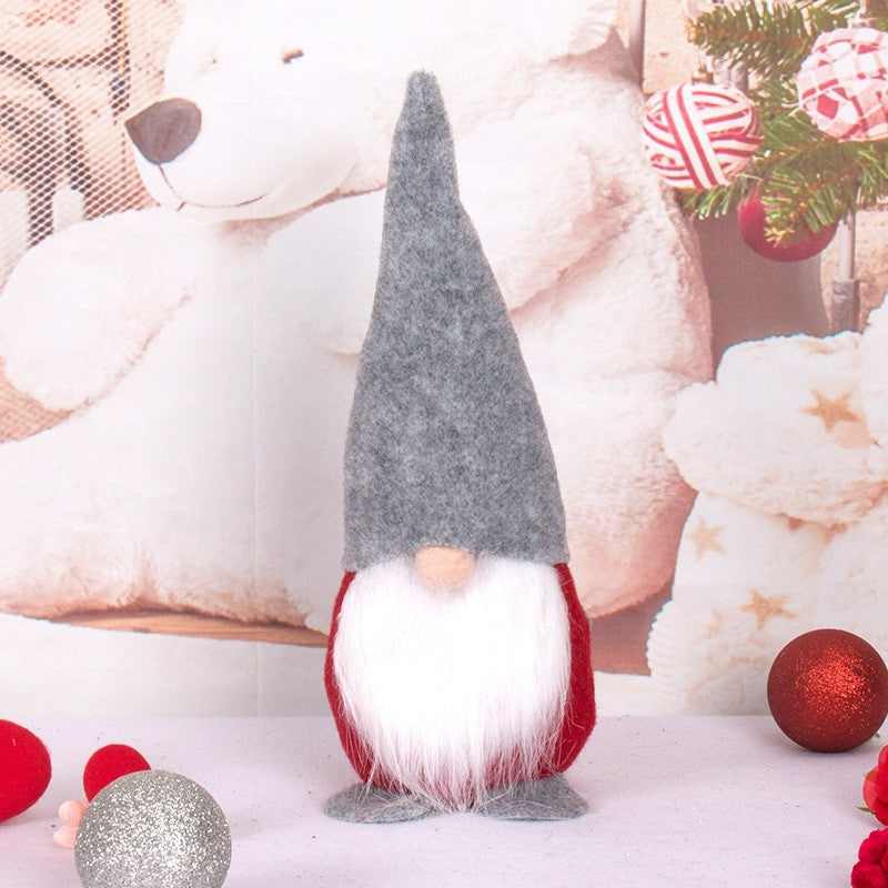 Ornament de Craciun Tip Spiridus, Figurina Decorativa cu Caciula Lunga, Material Textil Rezistent, 40 cm, Rosu si Gri