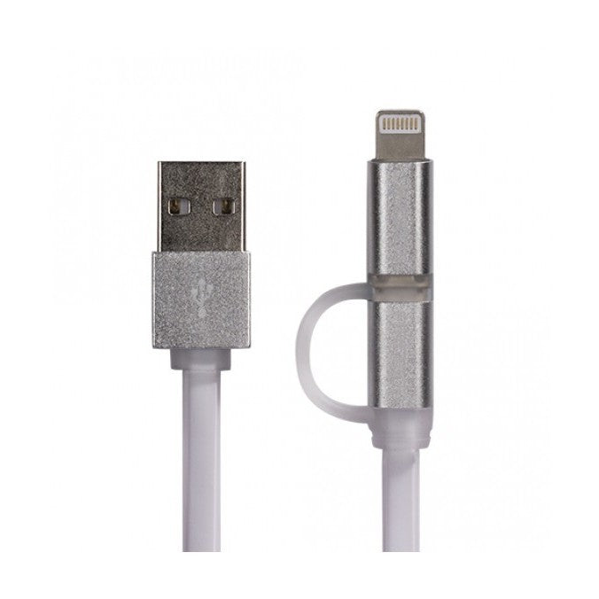 Fineblue F-U6 Cablu Date si Incarcare, Conector 2 in 1 MicroUSB si Lightning, Invelis Rezistent, Alb