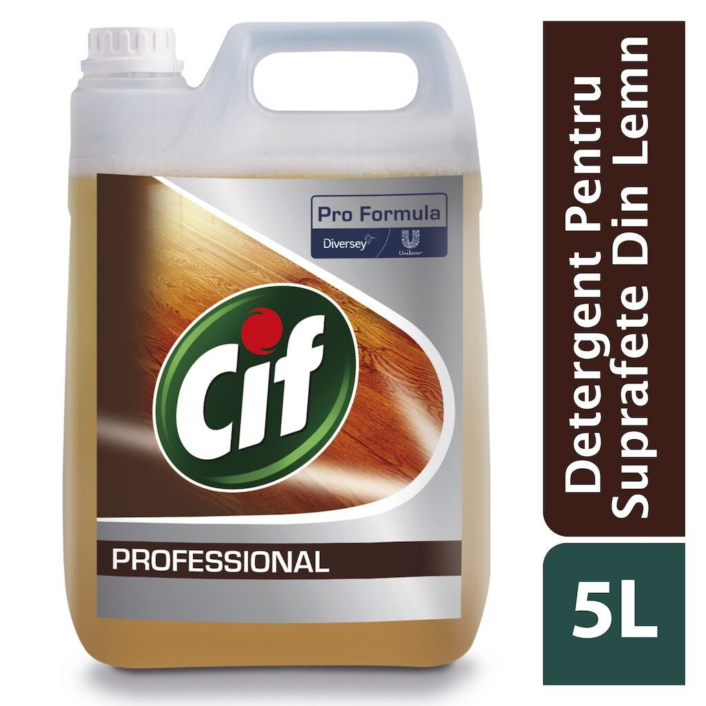 Cif Professional Wood Floor Cleaner, Detergent Profesional pentru Pardoseli din Lemn Impermeabilizate, Efect de Lustruire, Fara Clatire, Bidon 2 x 5 L