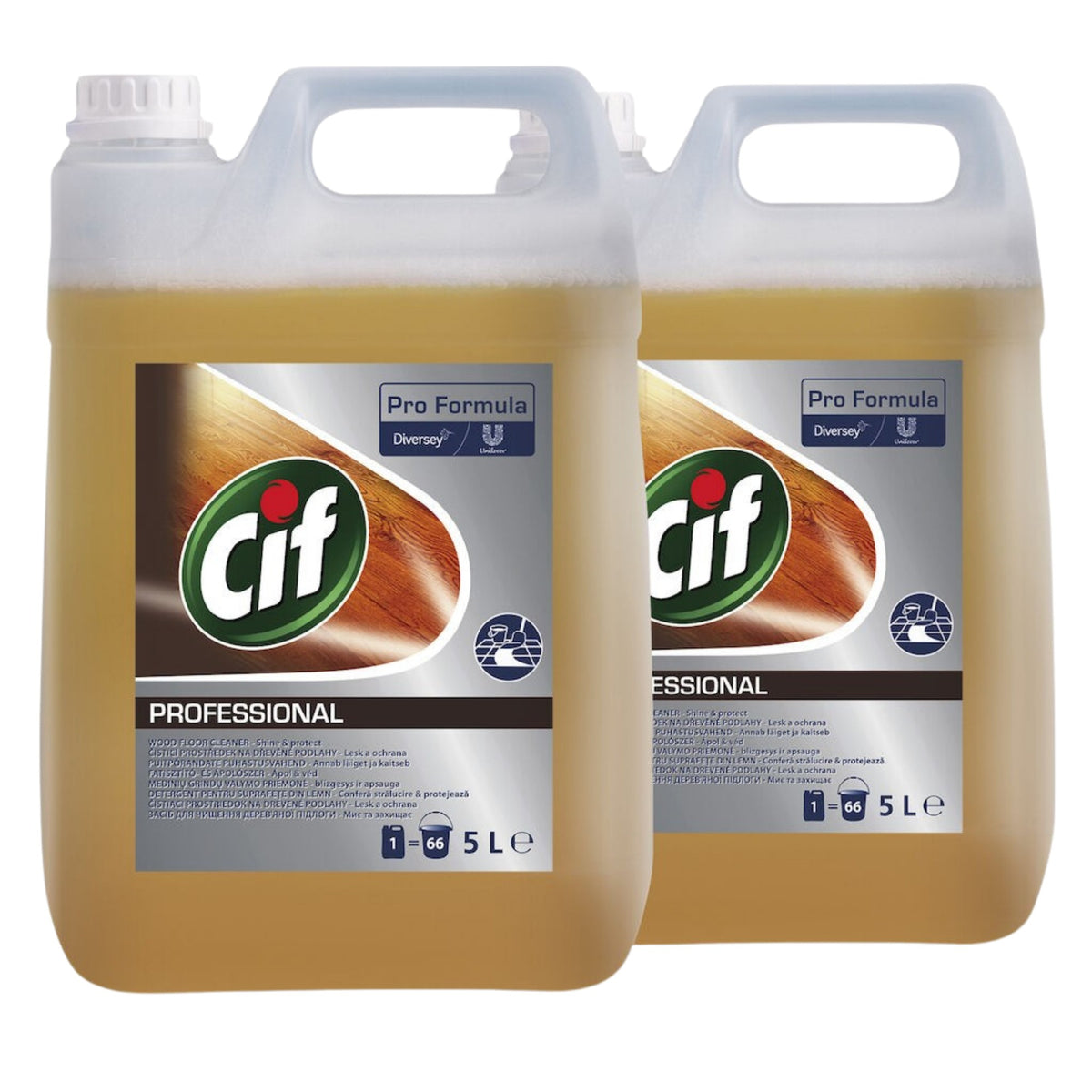 Cif Professional Wood Floor Cleaner, Detergent Profesional pentru Pardoseli din Lemn Impermeabilizate, Efect de Lustruire, Fara Clatire, Bidon 2 x 5 L
