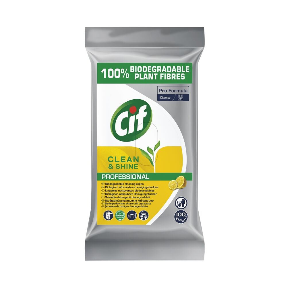 Cif Professional Clean & Shine, Servetele Umede Multifunctionale, Textura Fagure Biodegradabila, Curatare Rapida Suprafete Dure, Parfum Proaspat, 100 Bucati