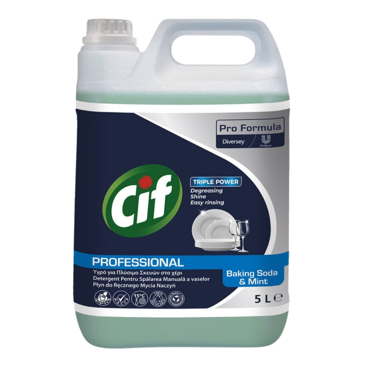 Cif Professional Detergent Lichid Pentru Spalat Vase Manual, Actiune Degresanta Cu Bicarbonat De Sodiu, Parfum De Menta, 5 L