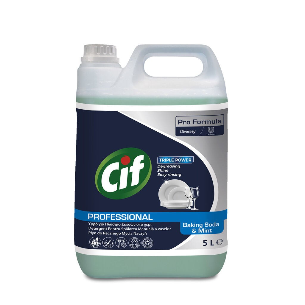 Cif Professional Detergent de Vase Manual, Formula Ultra Degresanta cu Bicarbonat de Sodiu, Parfum de Menta, Bidon 5 L, Pachet 2 Bucati