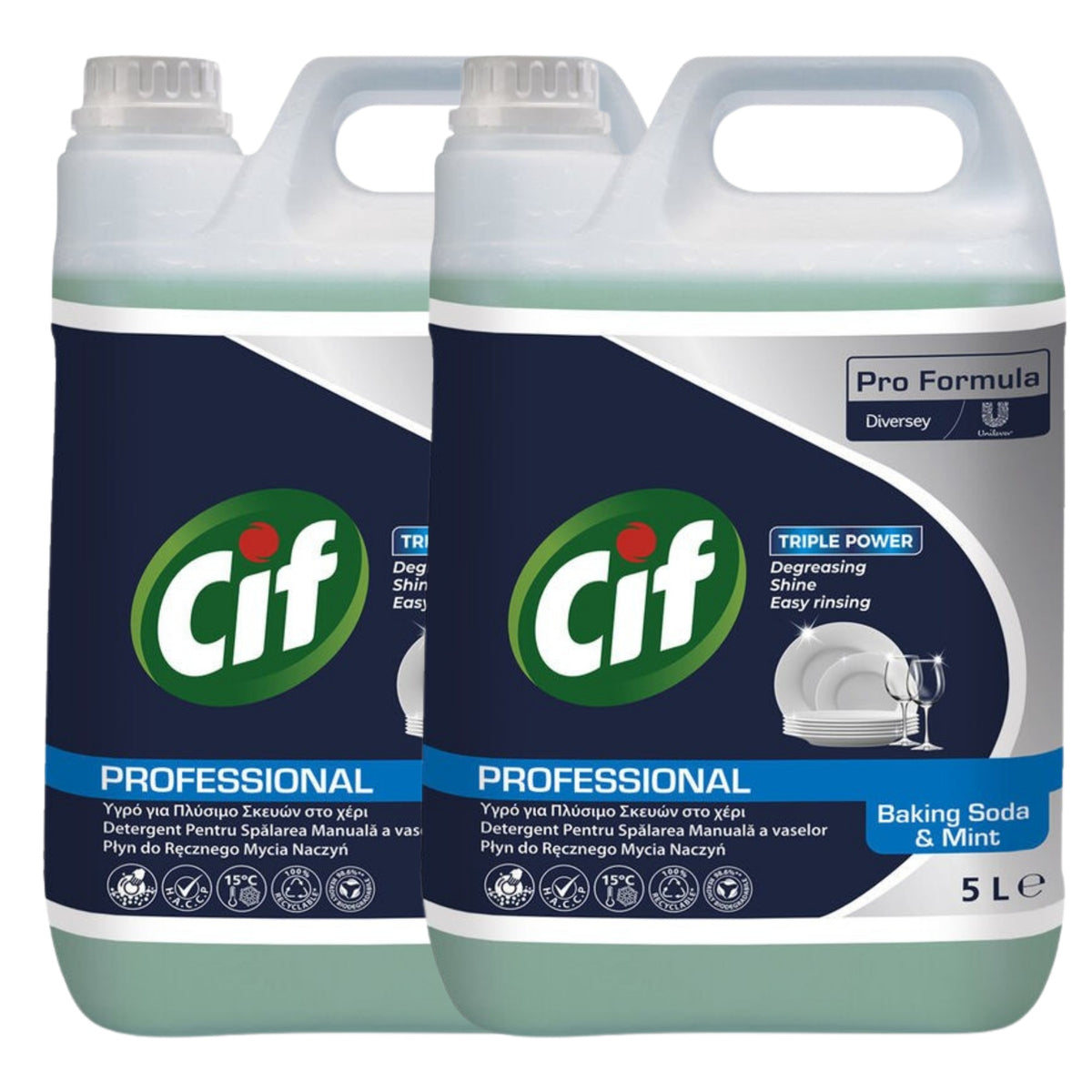 Cif Professional Detergent de Vase Manual, Formula Ultra Degresanta cu Bicarbonat de Sodiu, Parfum de Menta, Bidon 5 L, Pachet 2 Bucati