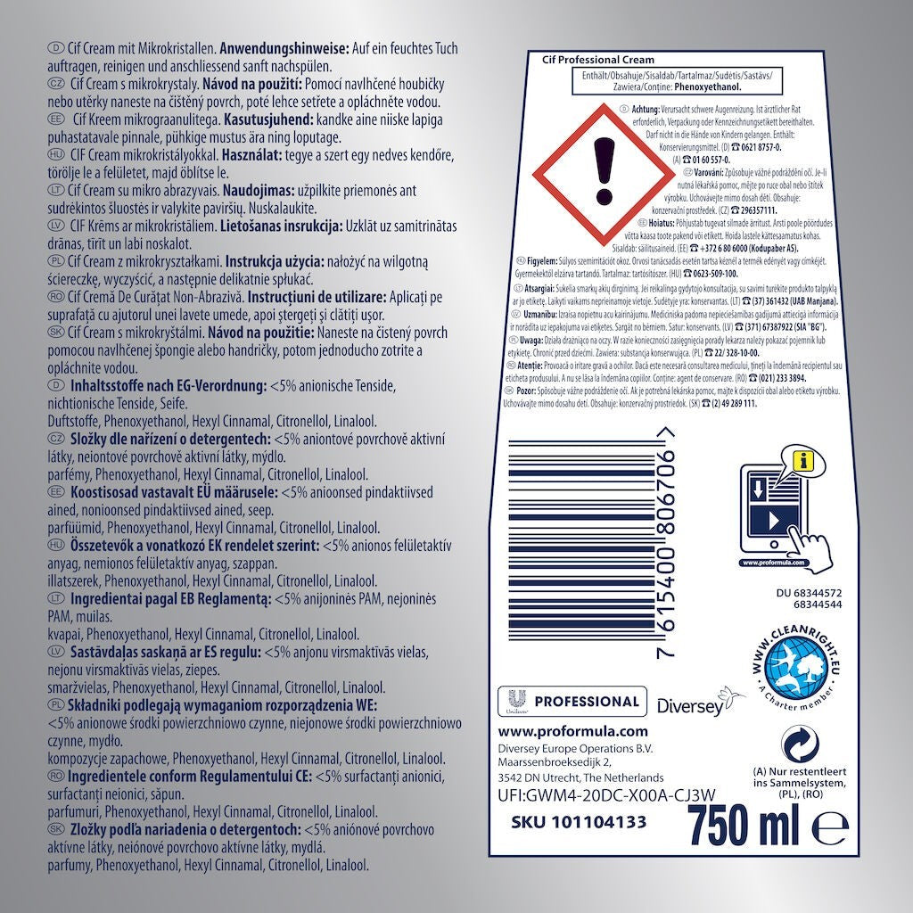 Cif Pro Formula Professional, Crema de Curatare Non-Abraziva pentru Bucatarie si Baie, Detergent Suprafete Sensibile, Email si Inox, Alb, 750 ml