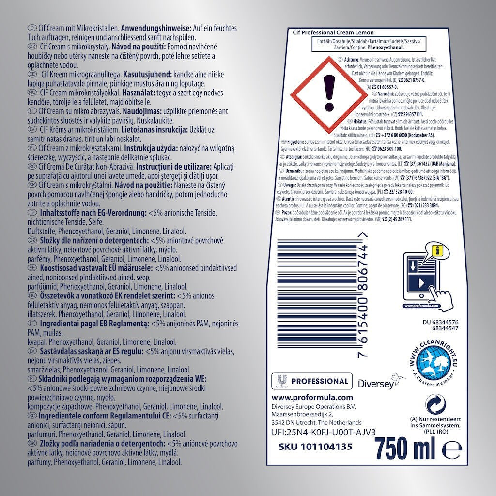 Cif Professional, Crema de Curatare Non-Abraziva Lemon, Detergent Universal pentru Bucatarie si Baie, Parfum de Lamaie, 750 ml