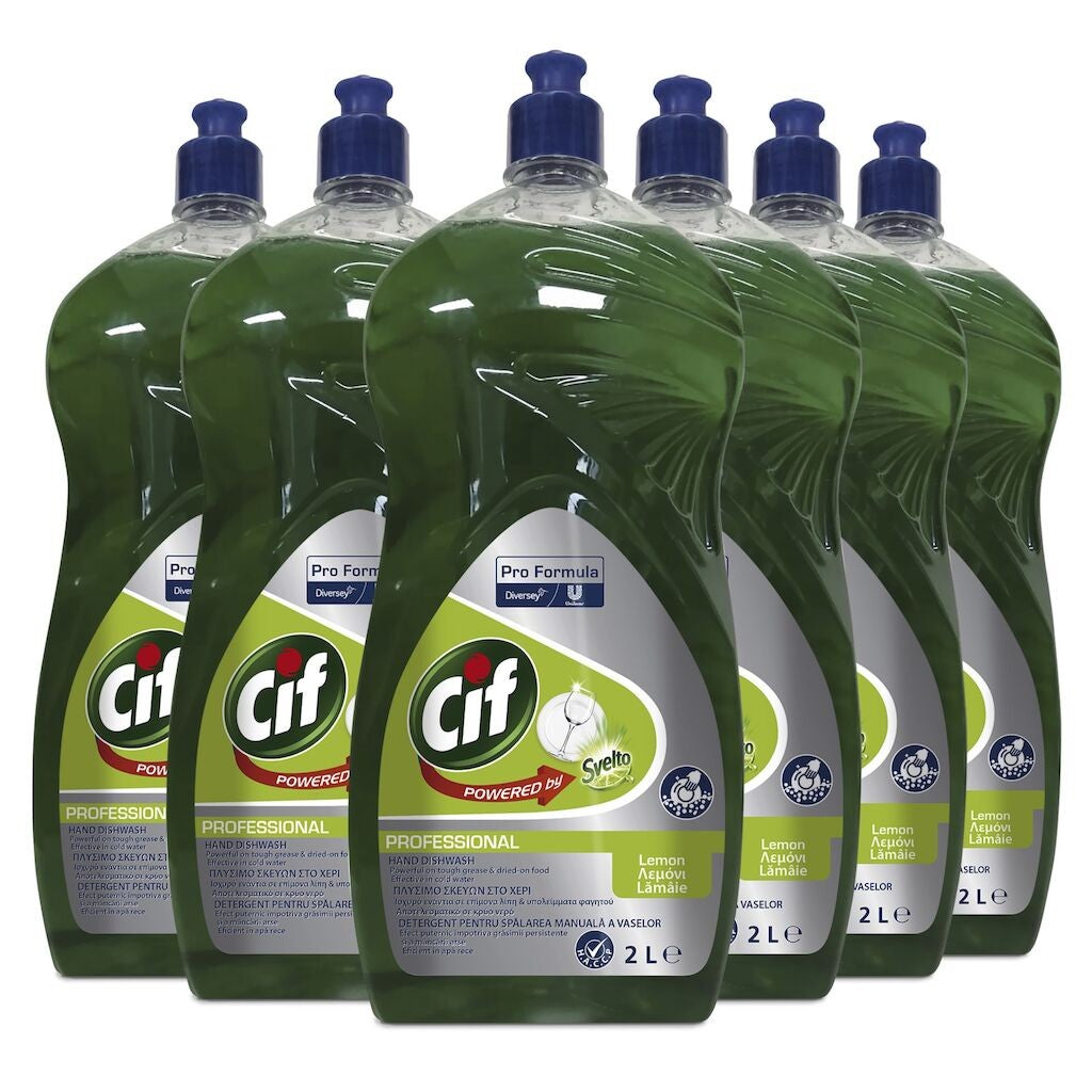 Cif Professional Lemon, Detergent Lichid Universal pentru Spalarea Manuala a Vaselor, Degresant Puternic, pH Neutru, Parfum Lamaie, 6 x 2 L