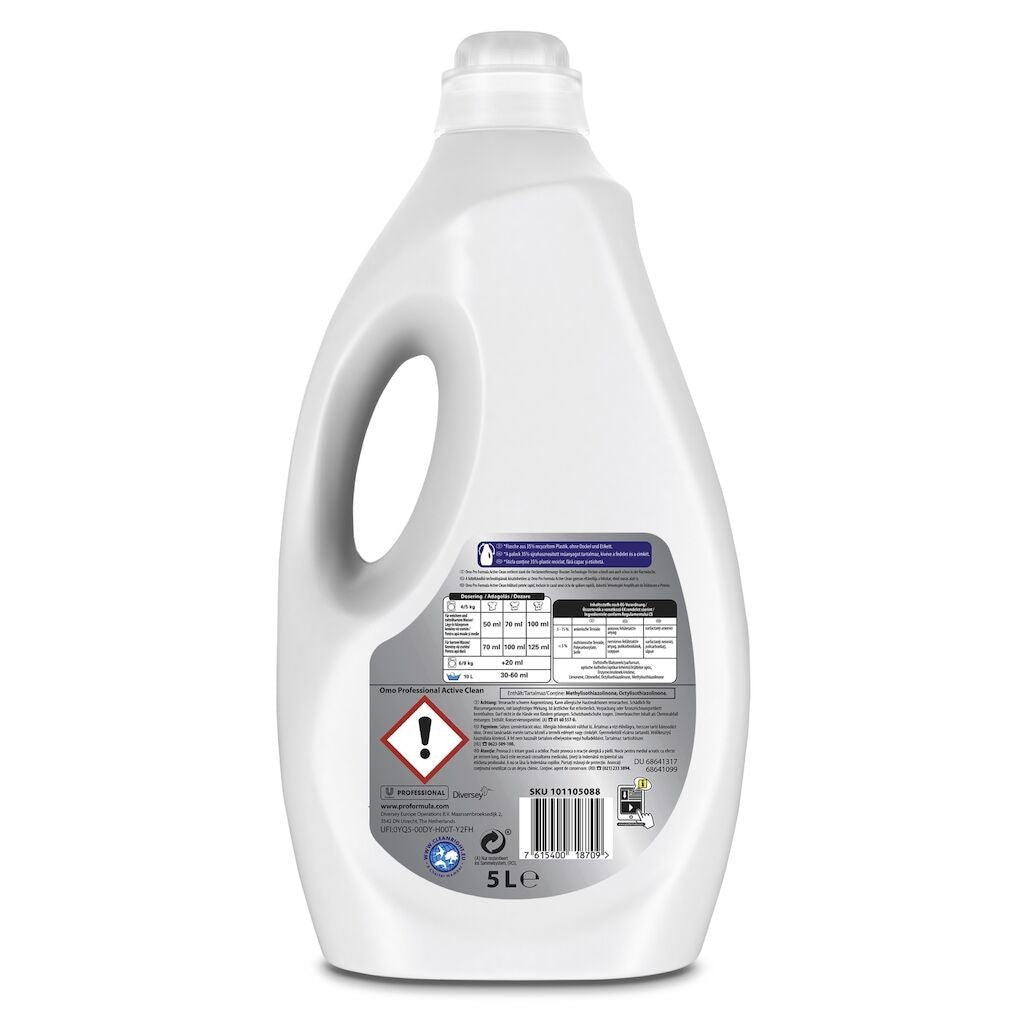 Omo Professional Active Clean, Detergent Lichid Rufe, Formula Enzimatica pentru Pete Dificile si Spalare Rapida, Fara Fosfati, 2 x 5 L