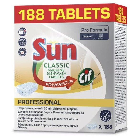 Sun Professional Classic, Tablete pentru Masina de Spalat Vase, Curatare in Profunzime si Protectie Sticla, Eficiente la Temperaturi Scazute, Formula Concentrata, 188 Bucati