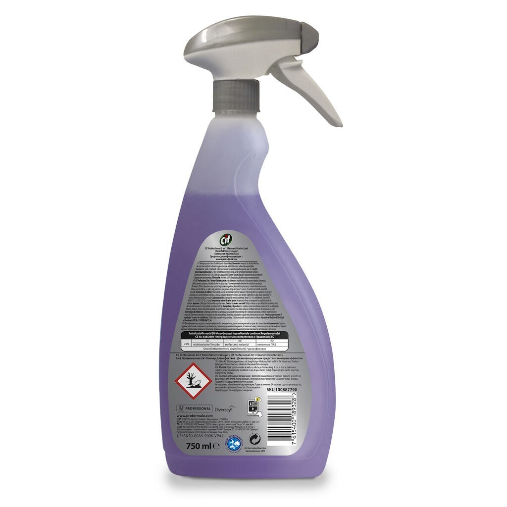 Cif Professional Detergent Dezinfectant 2 in 1, Degresant Fara Parfum Pentru Suprafete Alimentare, Actionare Rapida, 750 ml