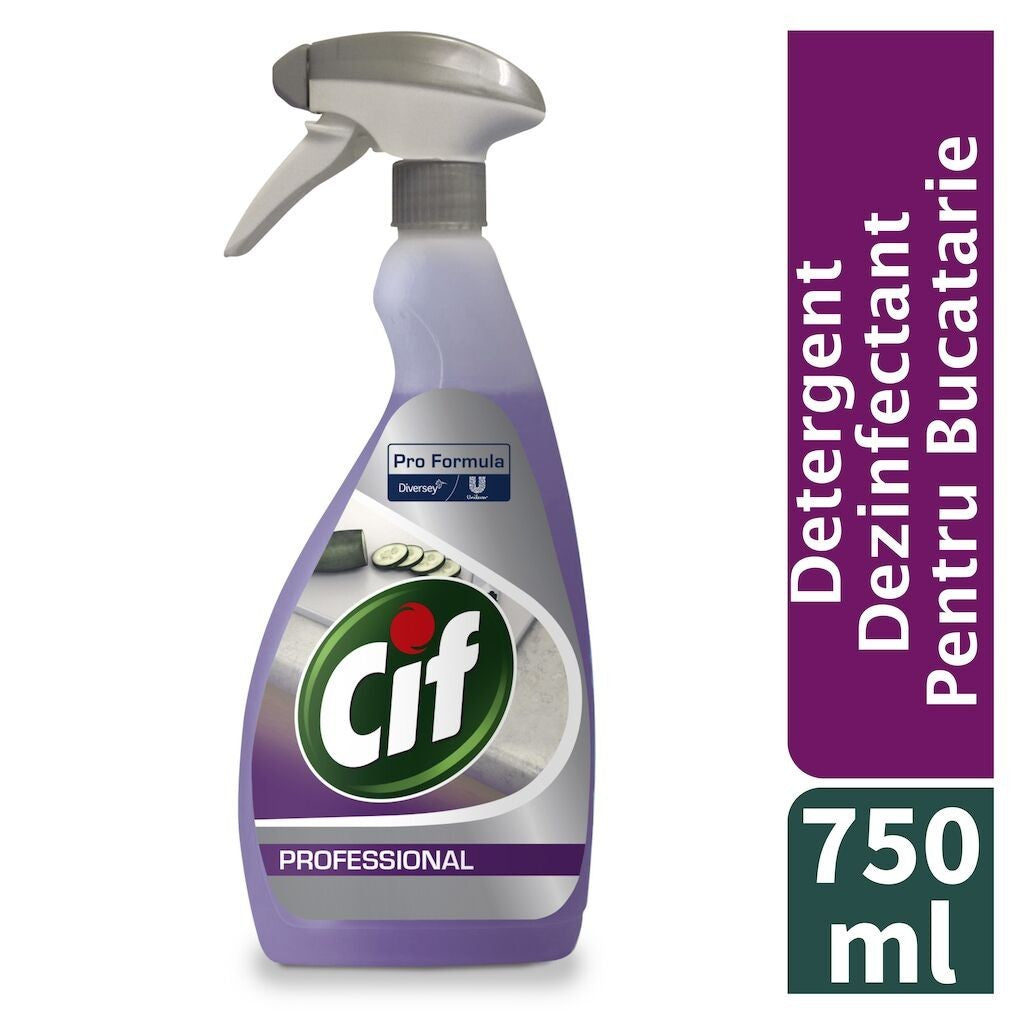 Cif Professional Detergent Dezinfectant 2 in 1, Degresant Fara Parfum Pentru Suprafete Alimentare, Actionare Rapida, 750 ml