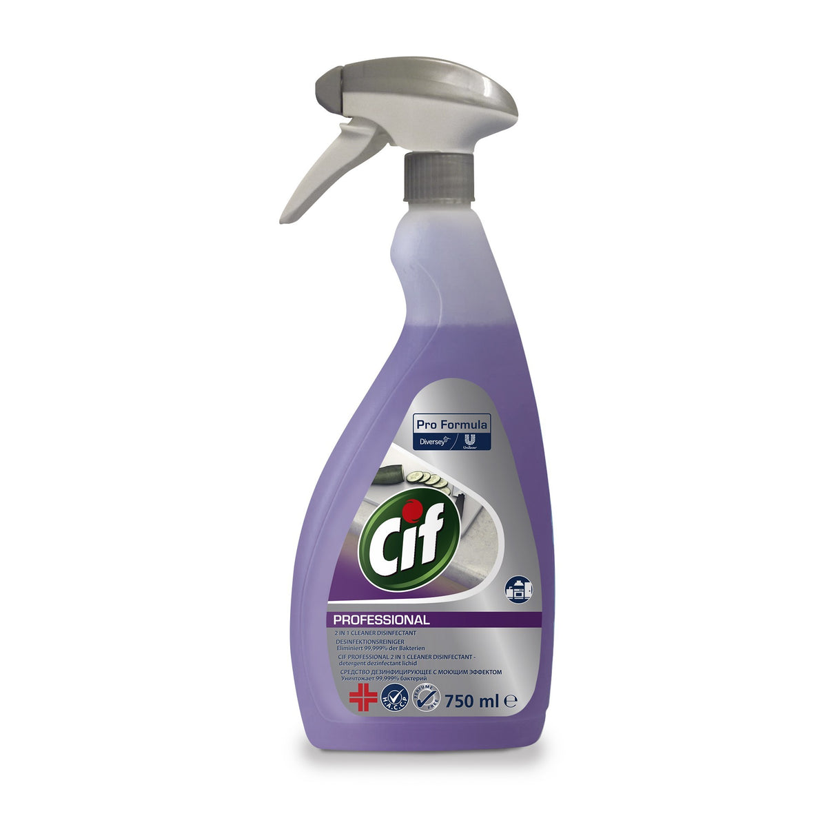 Cif Professional Detergent Dezinfectant 2 in 1, Degresant Fara Parfum Pentru Suprafete Alimentare, Actionare Rapida, 750 ml