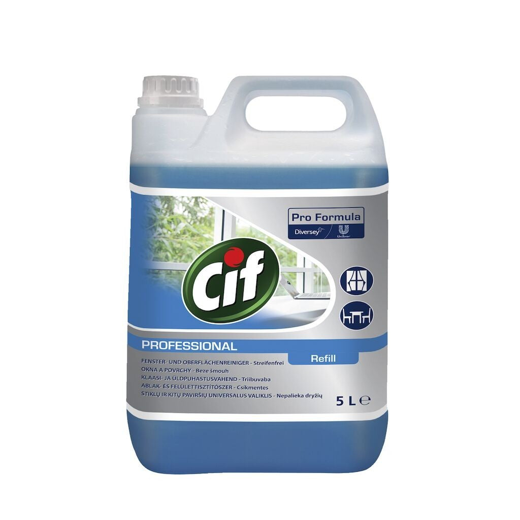 Cif Professional Glass & Multi Surface, Detergent pentru Geamuri si Suprafete Multiple, Inox si Oglinzi, Formula Degresanta fara Urme, Parfum Citrice, Rezerva 5 L