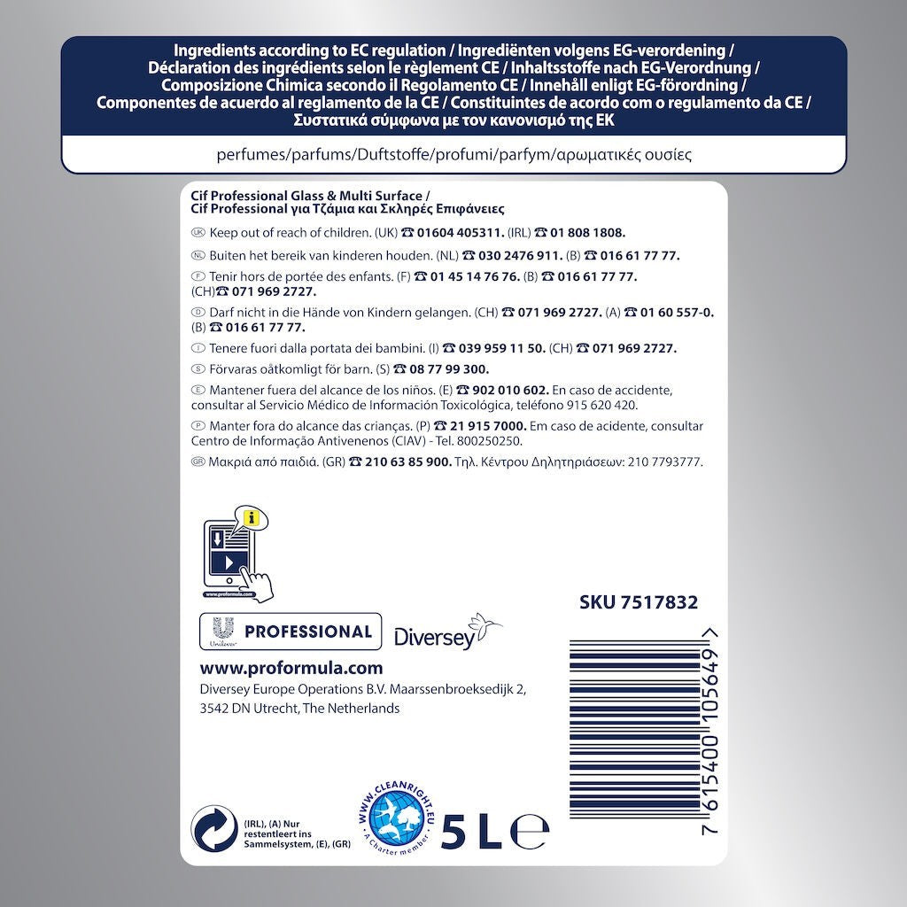 Cif Professional Glass & Multi Surface, Detergent pentru Geamuri si Suprafete Multiple, Inox si Oglinzi, Formula Degresanta fara Urme, Parfum Citrice, Rezerva 5 L