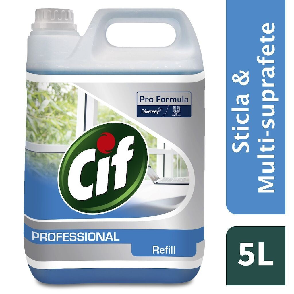 Cif Professional Glass & Multi Surface, Detergent pentru Geamuri si Suprafete Multiple, Inox si Oglinzi, Formula Degresanta fara Urme, Parfum Citrice, Rezerva 5 L