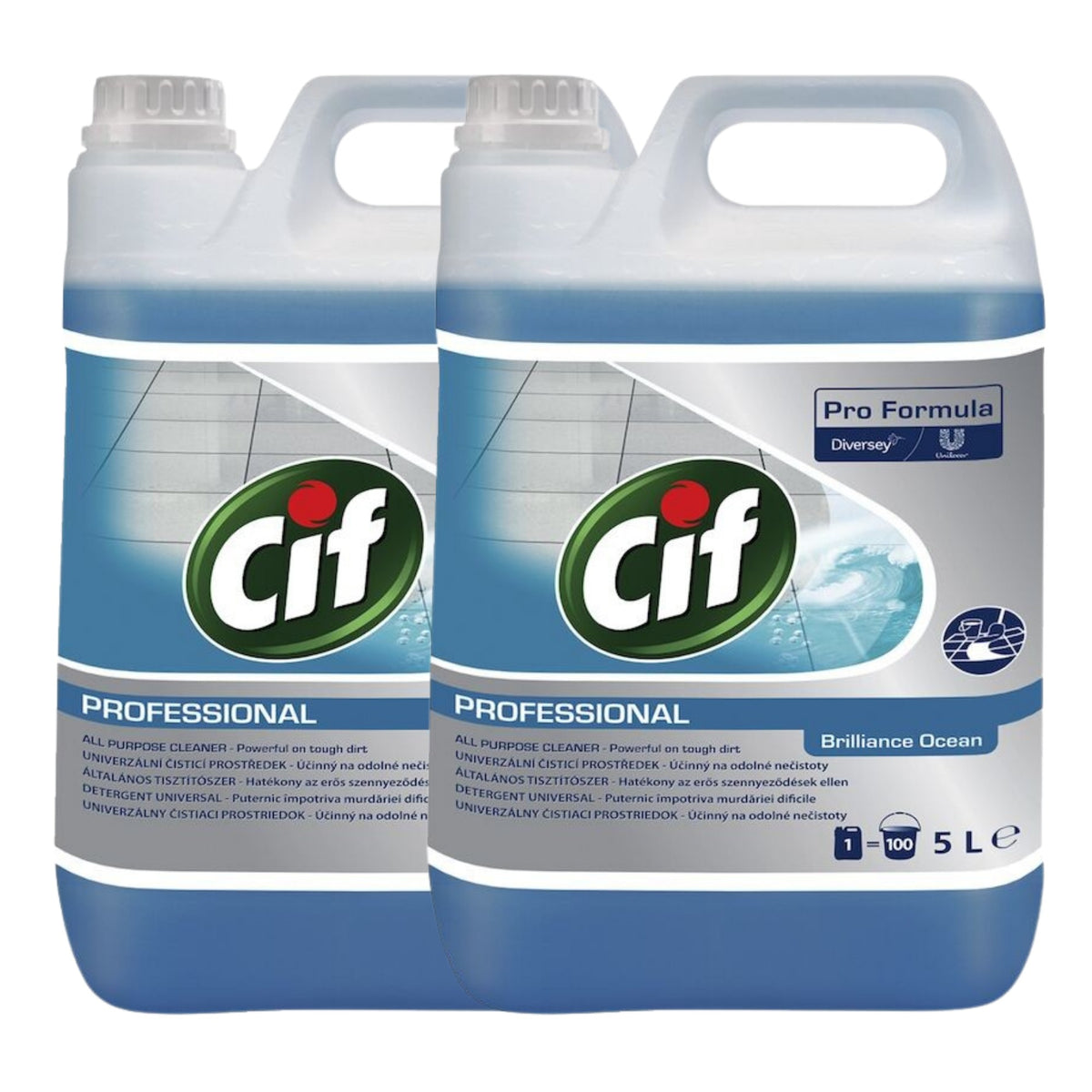 Cif Professional Brilliance Ocean, Detergent Universal pentru Suprafete Lavabile, Formula Degresanta fara Clatire, Concentrat, 2 x 5 L