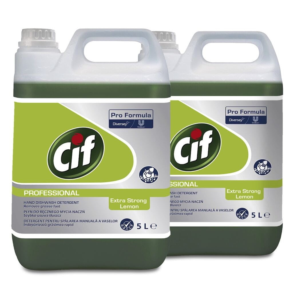 Cif Professional Dishwasher Extra Strong Lemon, Detergent Lichid Concentrat pentru Spalarea Manuala a Vaselor, Formula Degresanta cu pH Neutru, Aroma Lamaie, 2 x 5 L
