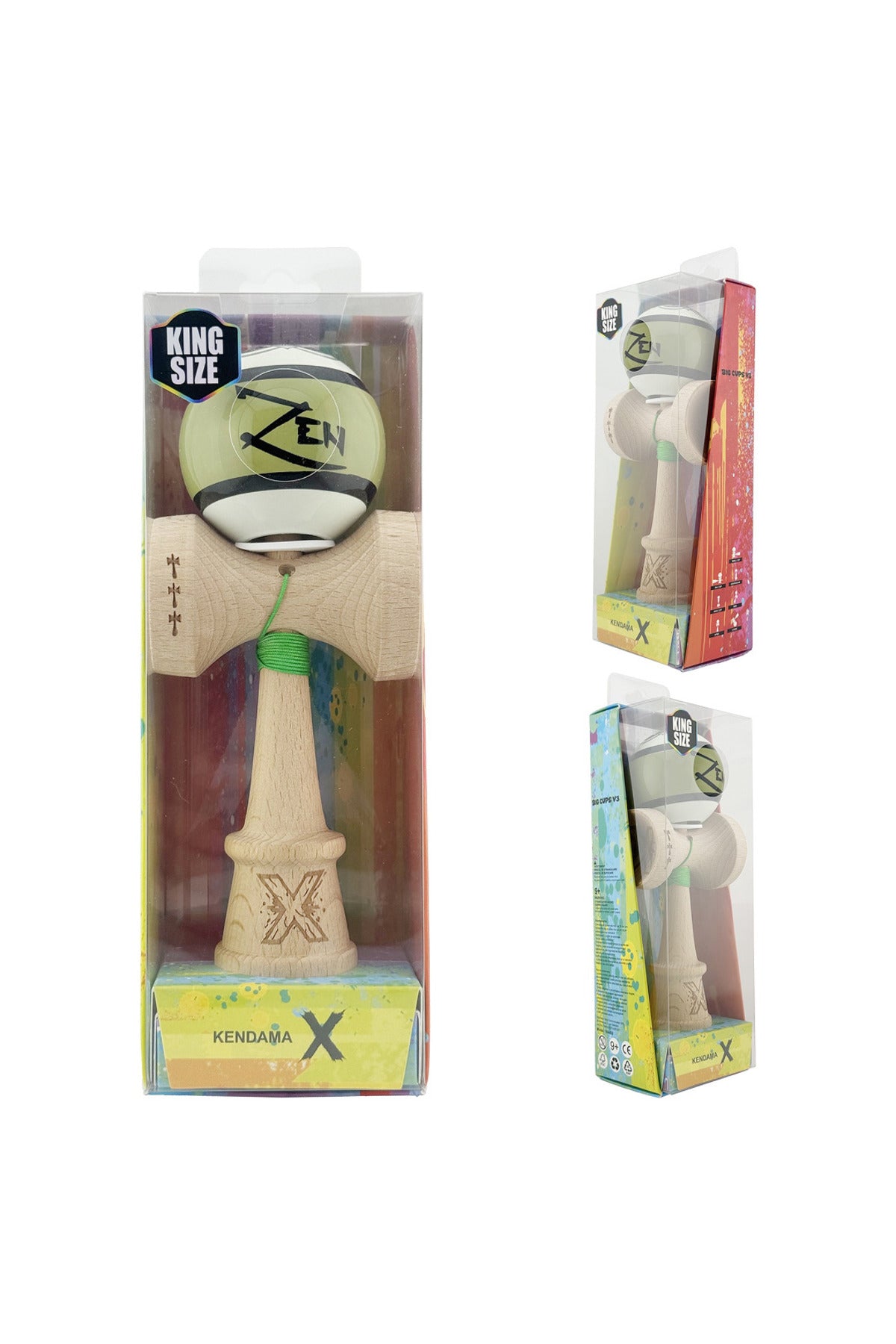 Kendama X Zen Originala, Model V3 Verde, Profesionala, Cupe Mari King Size, Super Sticky, Gaura in Baza, Rulment, Ata 55cm