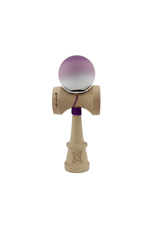 Kendama X Originala, Model V3 Mov / Alb in Degrade, Profesionala, Cupe Mari King Size, Rubber Grip, Gaura in Baza, Rulment, Ata 55cm