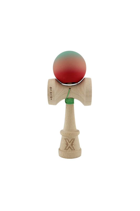 Kendama X Originala, Model V3 Verde / Roz / Rosu in Degrade, Profesionala, Cupe Mari King Size, Rubber Grip, Gaura in Baza, Rulment, Ata 55cm