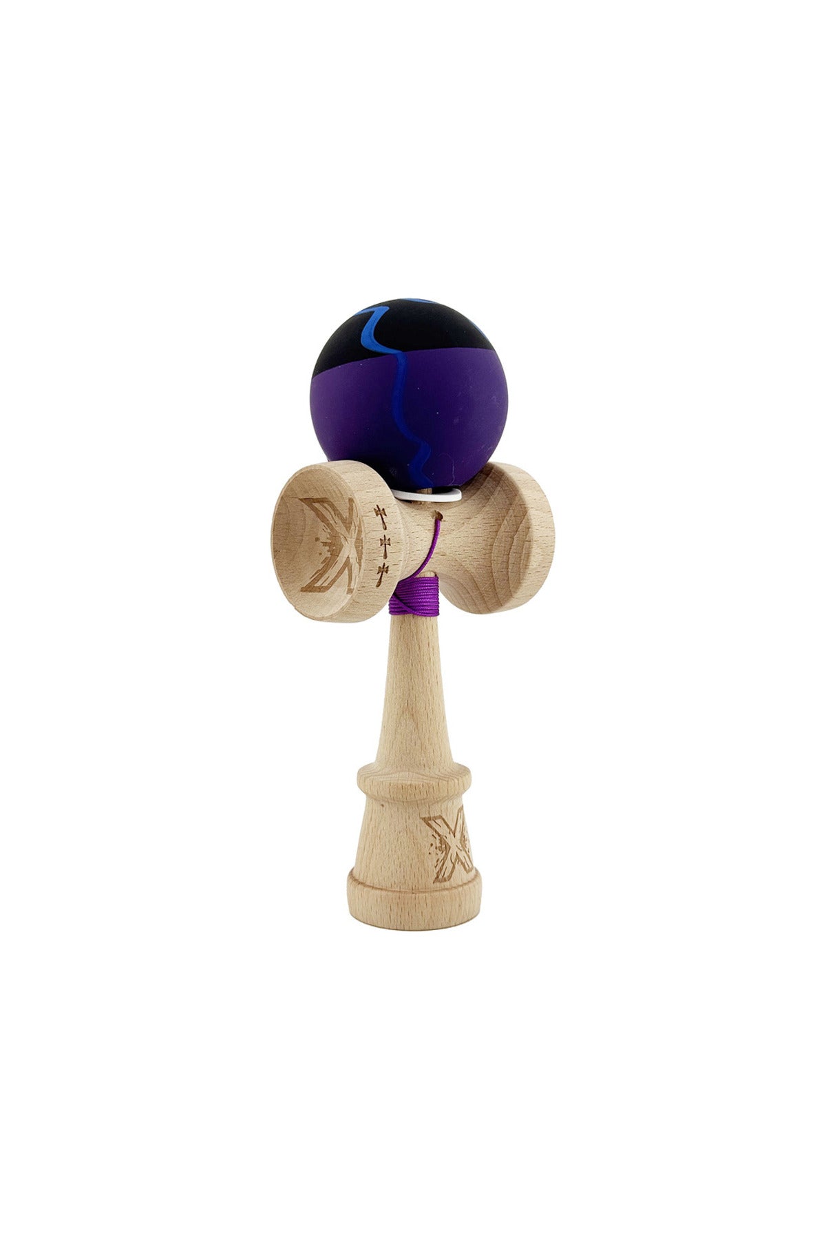Kendama X Originala, Model V3 Special Negru / Mov / Albastru, Profesionala, Cupe Mari King Size, Rubber Grip, Gaura in Baza, Rulment, Ata 55cm