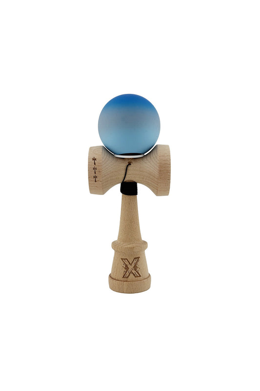 Kendama X Originala, Model V3 Albastru / Gri / Albastru Deschis in Degrade, Profesionala, Cupe Mari King Size, Rubber Grip, Gaura in Baza, Rulment, Ata 55cm