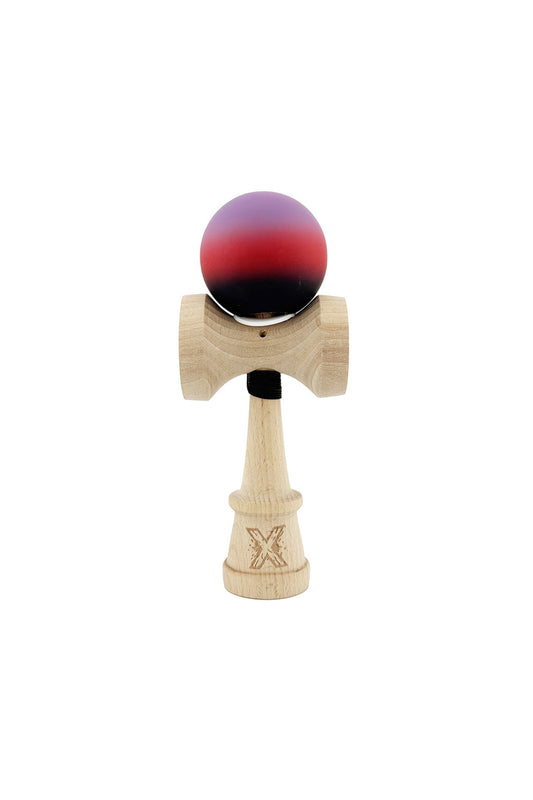 Kendama X Originala, Model V3 Mov / Rosu / Negru in Degrade, Profesionala, Cupe Mari King Size, Rubber Grip, Gaura in Baza, Rulment, Ata 55cm